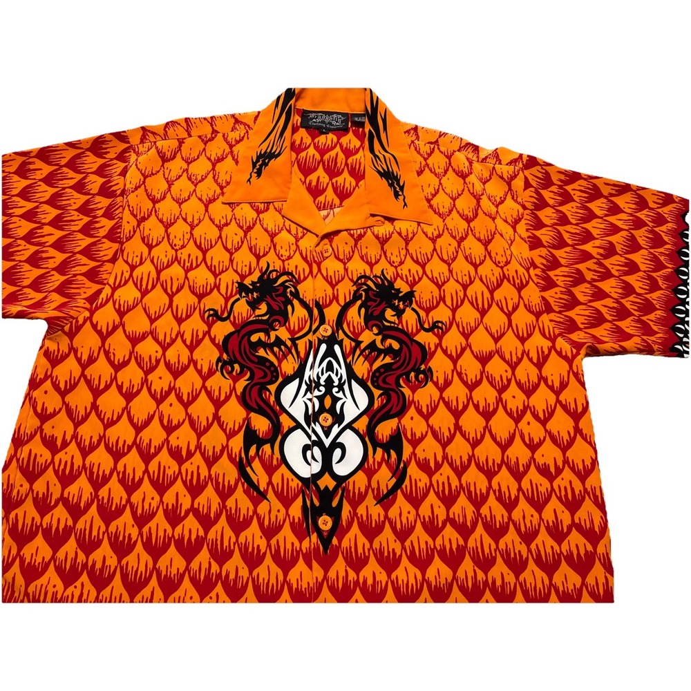 VINTAGE Dragonfly Clothing Mens Extra Large Orange Flames Button Up 1990's